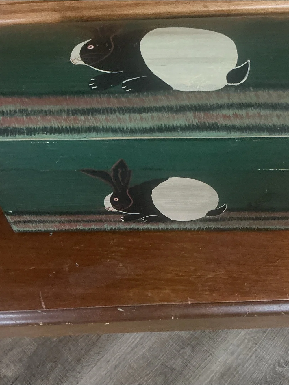 Vintage Warren Kimble Wooden Box Folk Art Green Trunk Bunny Rabbit Keepsake 12